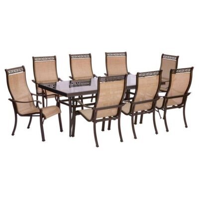 Outdoor Monaco 9-Piece Sling Dining Set with 42″ x 84″ Glass-Top Table and 8 Stationary Chairs, Cedar