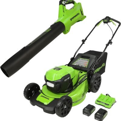Greenworks 48V 21″ Brushless Cordless Self-Propelled Electric Lawn Mower, Leaf Blower, (2) 5.0Ah Batteries and Rapid Charger