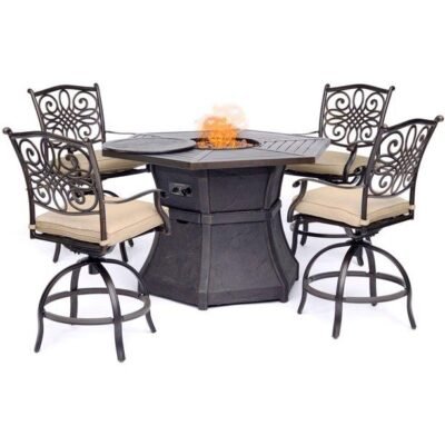Hanover Traditions 5-Piece High-Dining Set in Blue with 4 Swivel Chairs and a 40,000 BTU Cast-top Fire Pit Table